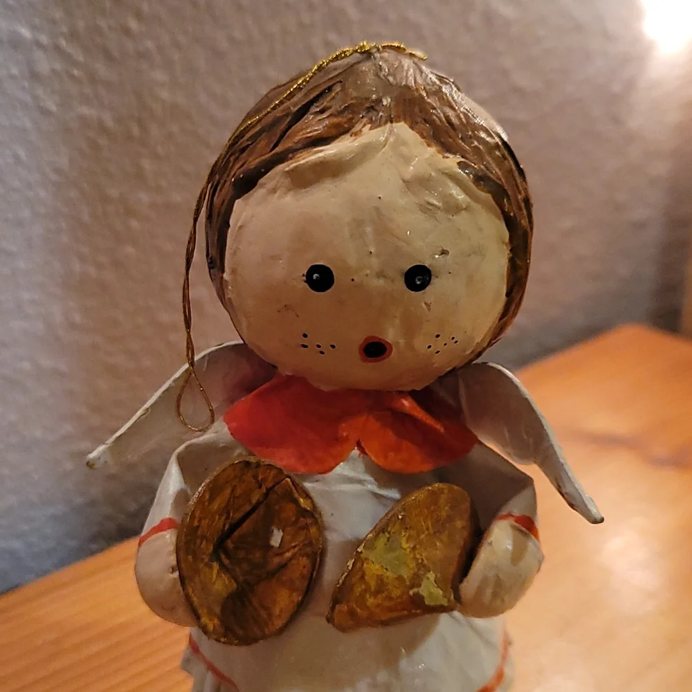 Vtg Handmade Paper Mache Glazed Angel Christmas Tree Ornament Cymbals Music